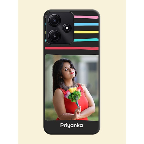 Multicolor Lines with Image on Space Black Personalized Soft Matte Phone Covers - Poco M6 Pro 5G Multicolor Lines with Image on Space Black Personalized Soft Matte Phone Covers - Poco M6 Pro 5G