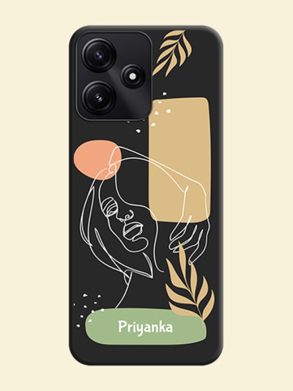 Custom Text With Line Art Of Women & Leaves Design On Space Black Personalized Soft Matte Phone Covers - Poco M6 Pro 5G
