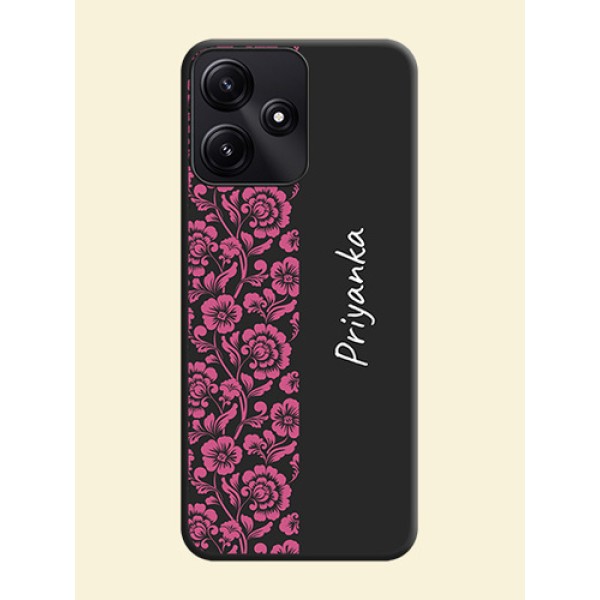 Pink Floral Pattern Design With Custom Text On Space Black Personalized Soft Matte Phone Covers - Poco M6 Pro 5G Pink Floral Pattern Design With Custom Text On Space Black Personalized Soft Matte Phone Covers - Poco M6 Pro 5G