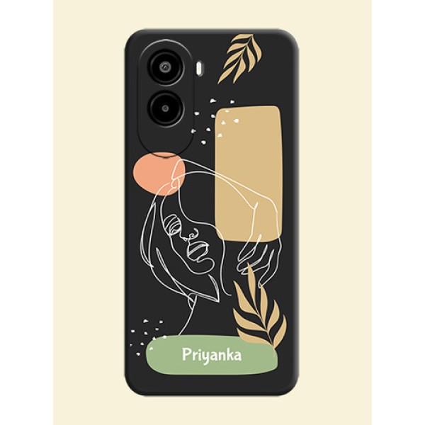 Custom Text With Line Art Of Women & Leaves Design On Space Black Custom Soft Matte Mobile Back Cover - Poco M7 Plus 5G Custom Text With Line Art Of Women & Leaves Design On Space Black Custom Soft Matte Mobile Back Cover - Poco M7 Plus 5G