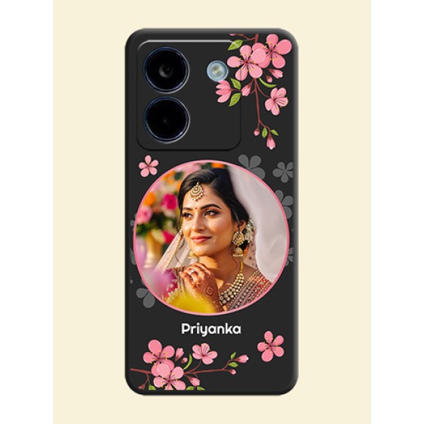 Round Image with Pink Color Floral Design on Photo On Space Black Custom Soft Matte Mobile Back Cover - Poco M7 Pro 5G Round Image with Pink Color Floral Design on Photo On Space Black Custom Soft Matte Mobile Back Cover - Poco M7 Pro 5G