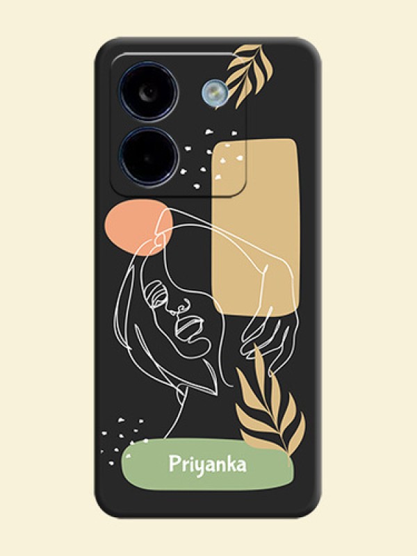 Custom Text With Line Art Of Women & Leaves Design On Space Black Custom Soft Matte Mobile Back Cover - Poco M7 Pro 5G