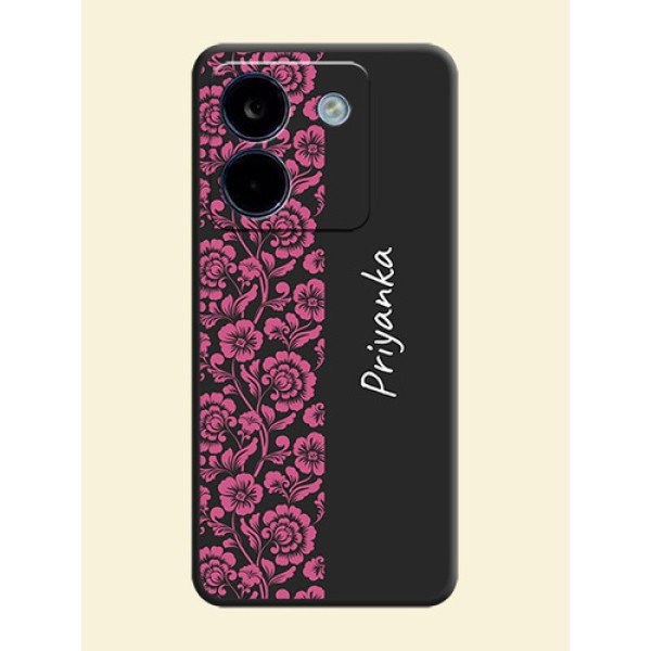 Pink Floral Pattern Design With Custom Text On Space Black Custom Soft Matte Mobile Back Cover - Poco M7 Pro 5G Pink Floral Pattern Design With Custom Text On Space Black Custom Soft Matte Mobile Back Cover - Poco M7 Pro 5G