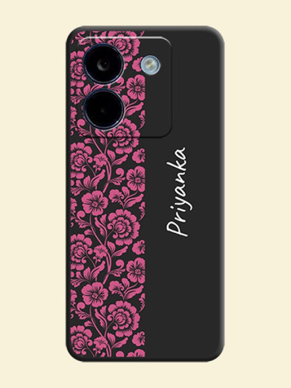 Pink Floral Pattern Design With Custom Text On Space Black Custom Soft Matte Mobile Back Cover - Poco M7 Pro 5G