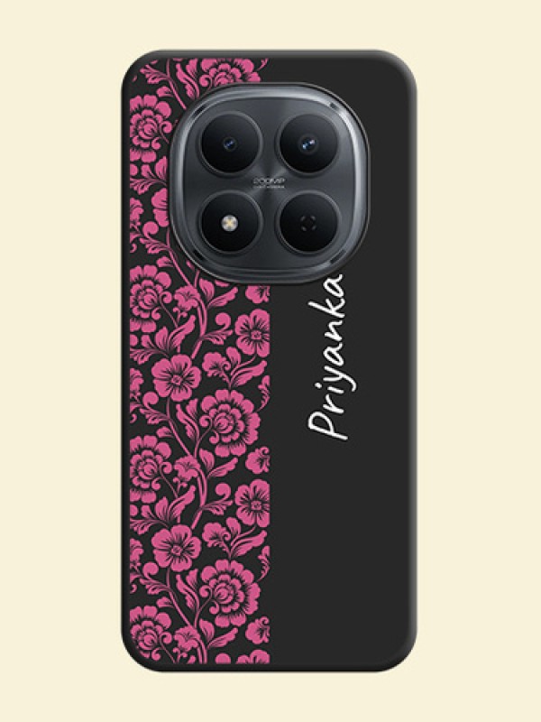 Pink Floral Pattern Design With Custom Text On Space Black Custom Soft Matte Mobile Back Cover - Poco M8 5G