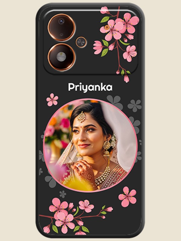 Round Image with Pink Color Floral Design on Photo On Space Black Custom Soft Matte Mobile Back Cover - Poco M8 Power 5G