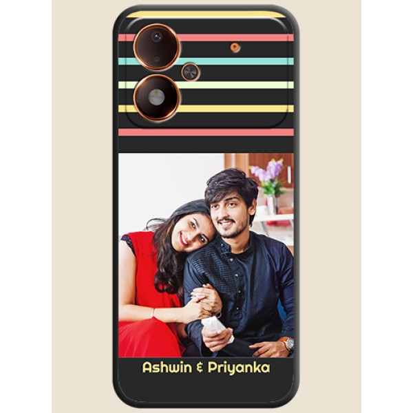 Color Stripes with Photo and Text on Photo On Space Black Custom Soft Matte Mobile Back Cover - Poco M8 Power 5G Color Stripes with Photo and Text on Photo On Space Black Custom Soft Matte Mobile Back Cover - Poco M8 Power 5G