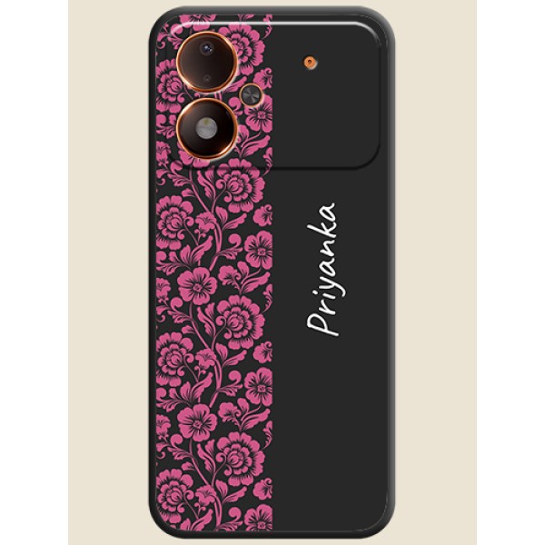 Pink Floral Pattern Design With Custom Text On Space Black Custom Soft Matte Mobile Back Cover - Poco M8 Power 5G Pink Floral Pattern Design With Custom Text On Space Black Custom Soft Matte Mobile Back Cover - Poco M8 Power 5G