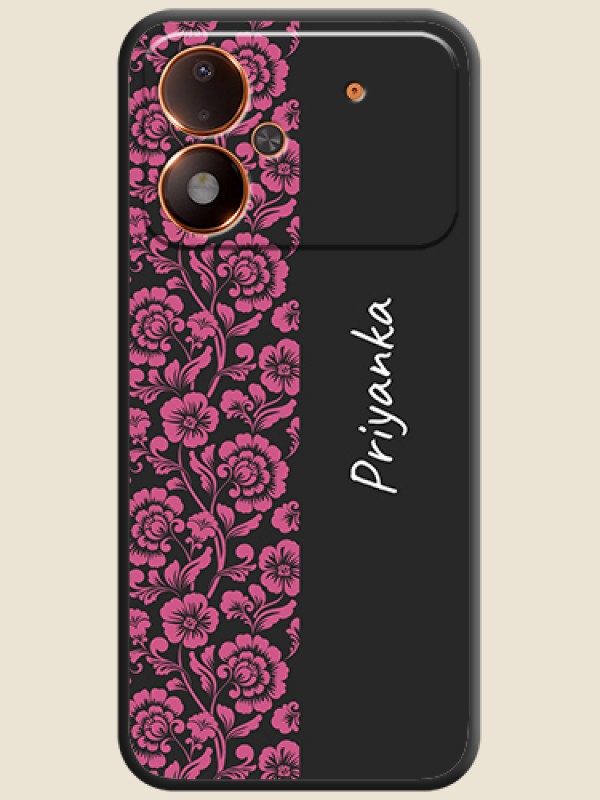 Pink Floral Pattern Design With Custom Text On Space Black Custom Soft Matte Mobile Back Cover - Poco M8 Power 5G