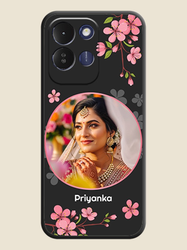 Round Image with Pink Color Floral Design on Photo On Space Black Custom Soft Matte Mobile Back Cover - Poco M8x 5G