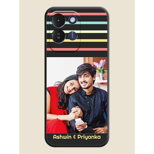 Color Stripes with Photo and Text on Photo On Space Black Custom Soft Matte Mobile Back Cover - Poco M8x 5G Color Stripes with Photo and Text on Photo On Space Black Custom Soft Matte Mobile Back Cover - Poco M8x 5G