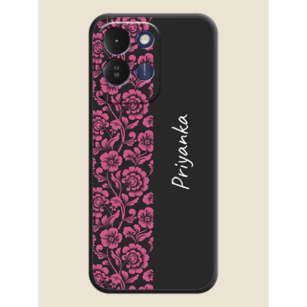 Pink Floral Pattern Design With Custom Text On Space Black Custom Soft Matte Mobile Back Cover - Poco M8x 5G Pink Floral Pattern Design With Custom Text On Space Black Custom Soft Matte Mobile Back Cover - Poco M8x 5G