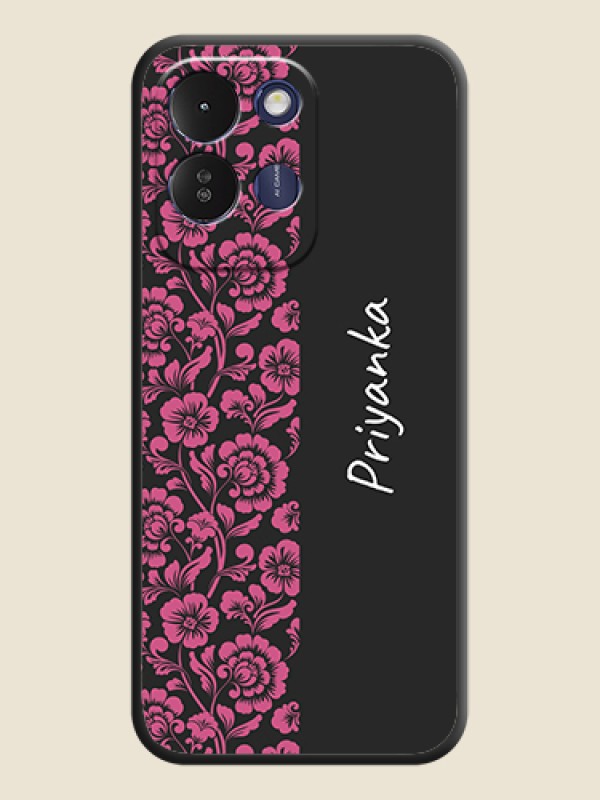 Pink Floral Pattern Design With Custom Text On Space Black Custom Soft Matte Mobile Back Cover - Poco M8x 5G