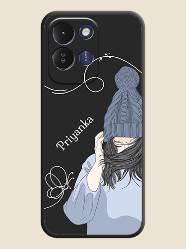 Girl With Blue Winter Outfiit Custom Text Design On Space Black Custom Soft Matte Mobile Back Cover - Poco M8x 5G