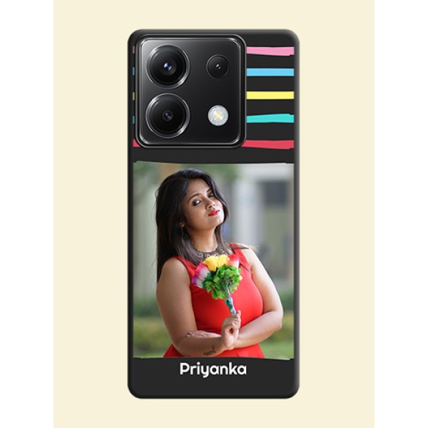 Multicolor Lines with Image on Space Black Personalized Soft Matte Phone Covers - Poco X6 5G Multicolor Lines with Image on Space Black Personalized Soft Matte Phone Covers - Poco X6 5G