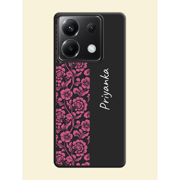 Pink Floral Pattern Design With Custom Text On Space Black Personalized Soft Matte Phone Covers - Poco X6 5G Pink Floral Pattern Design With Custom Text On Space Black Personalized Soft Matte Phone Covers - Poco X6 5G