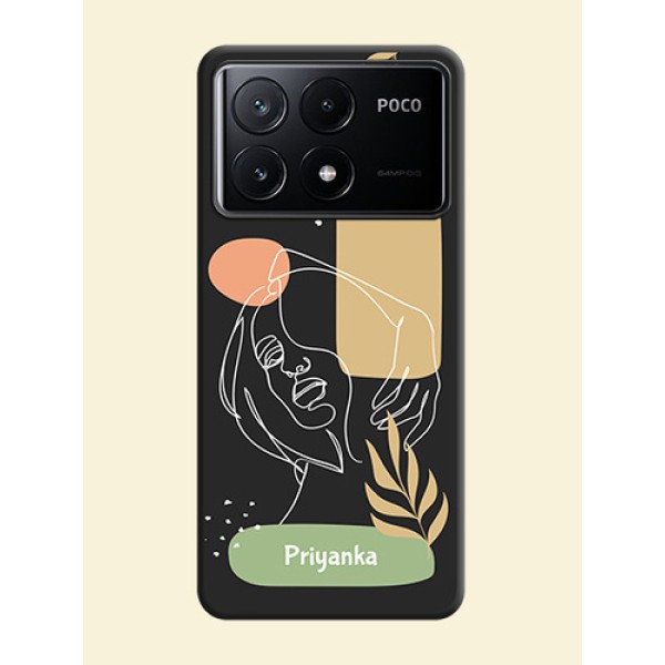 Custom Text With Line Art Of Women & Leaves Design On Space Black Personalized Soft Matte Phone Covers - Poco X6 Pro 5G