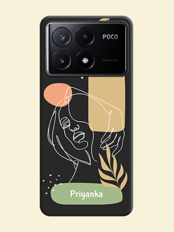 Custom Text With Line Art Of Women & Leaves Design On Space Black Personalized Soft Matte Phone Covers - Poco X6 Pro 5G