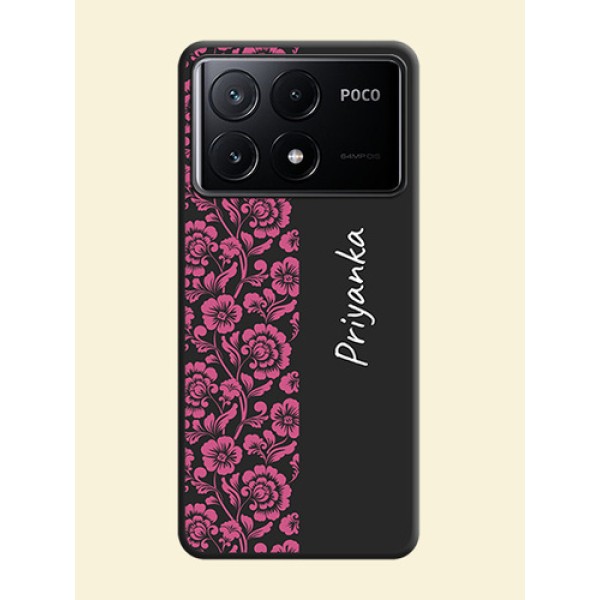 Pink Floral Pattern Design With Custom Text On Space Black Personalized Soft Matte Phone Covers - Poco X6 Pro 5G