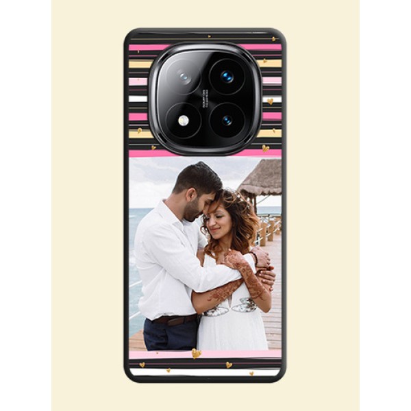 Multicolor Lines and Golden Love Symbols Design on Photo On Space Black Custom Soft Matte Mobile Back Cover - Poco X7 5G