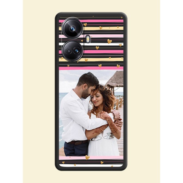 Multicolor Lines and Golden Love Symbols Design on Photo on Space Black Soft Matte Mobile Cover - Realme 10 Pro Plus 5G Multicolor Lines and Golden Love Symbols Design on Photo on Space Black Soft Matte Mobile Cover - Realme 10 Pro Plus 5G