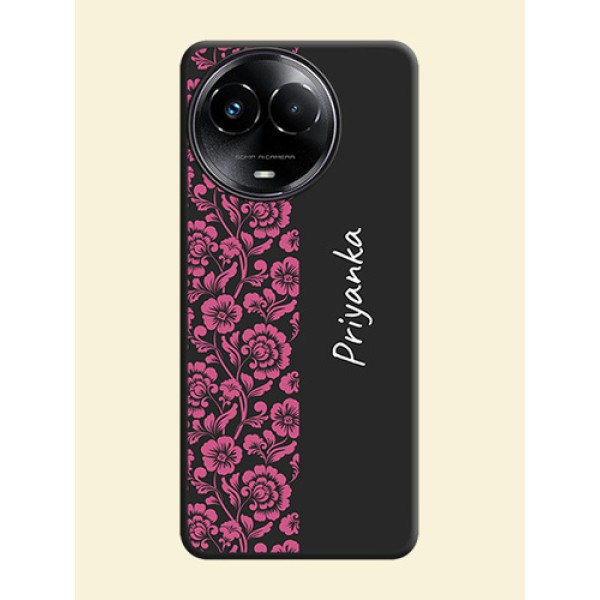 Pink Floral Pattern Design With Custom Text On Space Black Custom Soft Matte Mobile Back Cover - Realme 11 5G Pink Floral Pattern Design With Custom Text On Space Black Custom Soft Matte Mobile Back Cover - Realme 11 5G