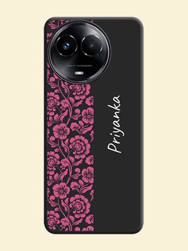 Pink Floral Pattern Design With Custom Text On Space Black Custom Soft Matte Mobile Back Cover - Realme 11X 5G