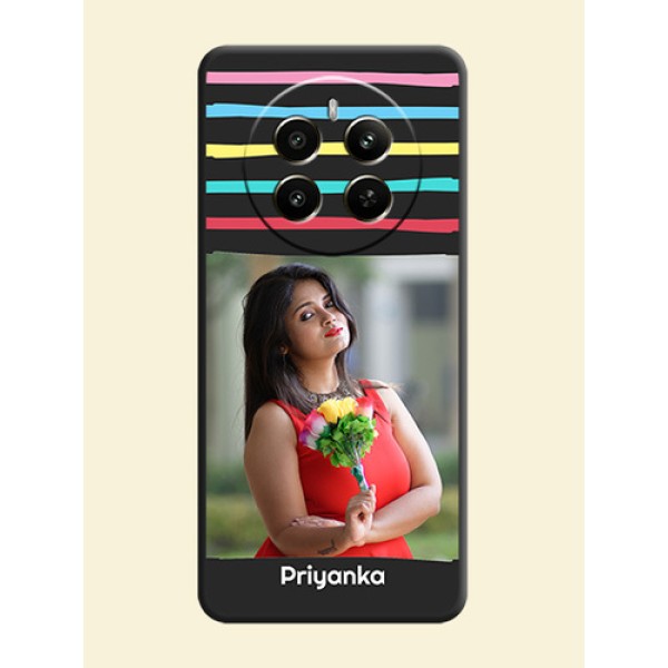 Multicolor Lines with Image on Space Black Personalized Soft Matte Phone Covers - Realme 12 Plus 5G Multicolor Lines with Image on Space Black Personalized Soft Matte Phone Covers - Realme 12 Plus 5G
