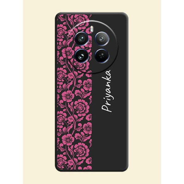 Pink Floral Pattern Design With Custom Text On Space Black Personalized Soft Matte Phone Covers - Realme 12 Pro Plus 5G