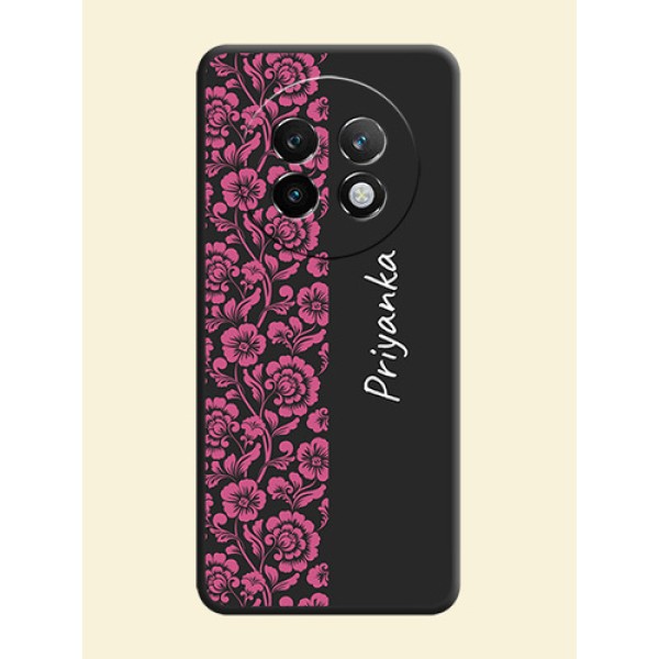 Pink Floral Pattern Design With Custom Text On Space Black Custom Soft Matte Mobile Back Cover - Realme 13 Plus 5G Pink Floral Pattern Design With Custom Text On Space Black Custom Soft Matte Mobile Back Cover - Realme 13 Plus 5G