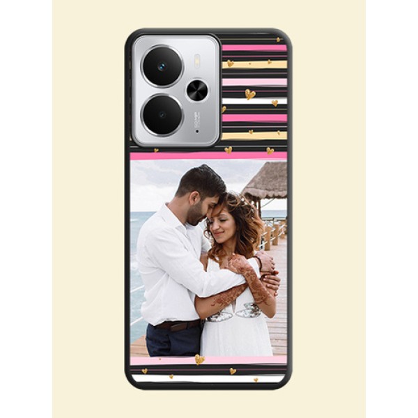 Multicolor Lines and Golden Love Symbols Design on Photo On Space Black Custom Soft Matte Mobile Back Cover - Realme 14 5G