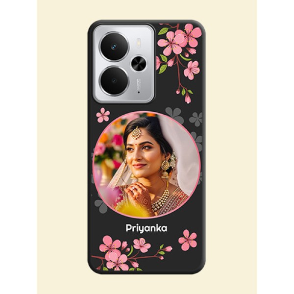 Round Image with Pink Color Floral Design on Photo On Space Black Custom Soft Matte Mobile Back Cover - Realme 14 5G Round Image with Pink Color Floral Design on Photo On Space Black Custom Soft Matte Mobile Back Cover - Realme 14 5G