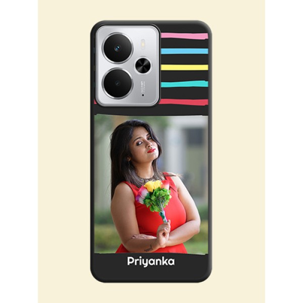 Multicolor Lines with Image On Space Black Custom Soft Matte Mobile Back Cover - Realme 14 5G Multicolor Lines with Image On Space Black Custom Soft Matte Mobile Back Cover - Realme 14 5G