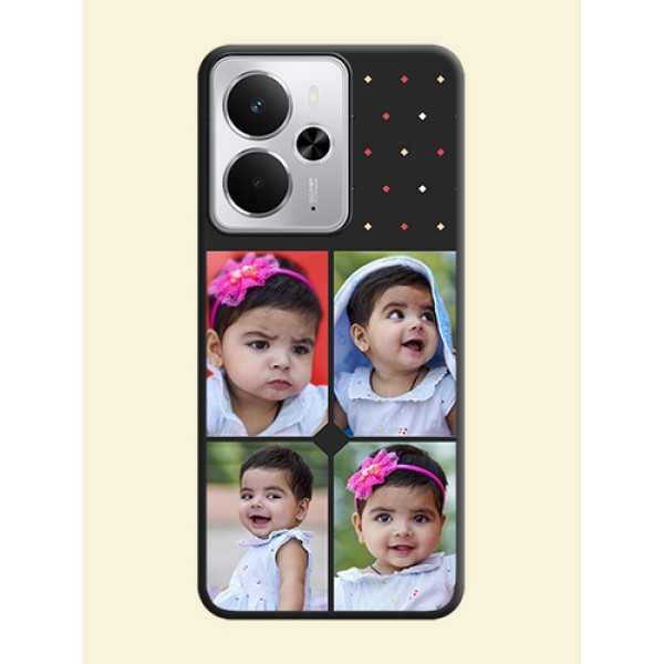 Multicolor Dotted Pattern with 4 Image Holder On Space Black Custom Soft Matte Mobile Back Cover - Realme 14 5G Multicolor Dotted Pattern with 4 Image Holder On Space Black Custom Soft Matte Mobile Back Cover - Realme 14 5G