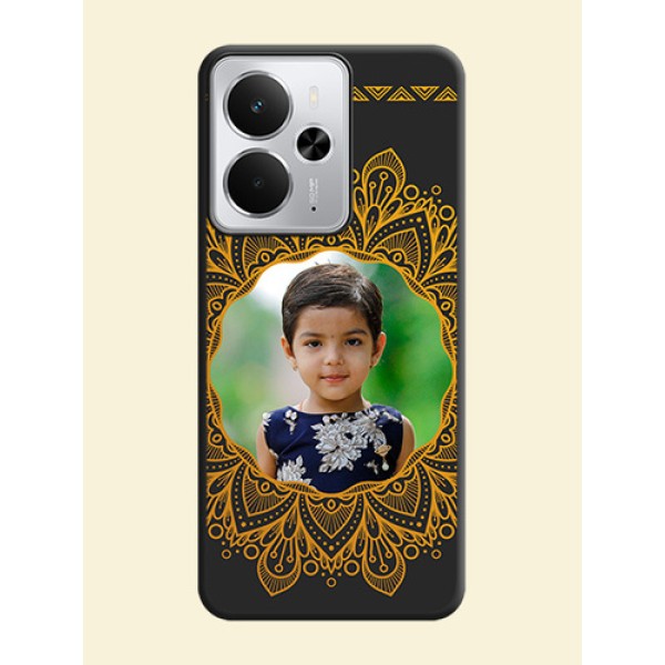 Round Image with Floral Design On Space Black Custom Soft Matte Mobile Back Cover - Realme 14 5G Round Image with Floral Design On Space Black Custom Soft Matte Mobile Back Cover - Realme 14 5G