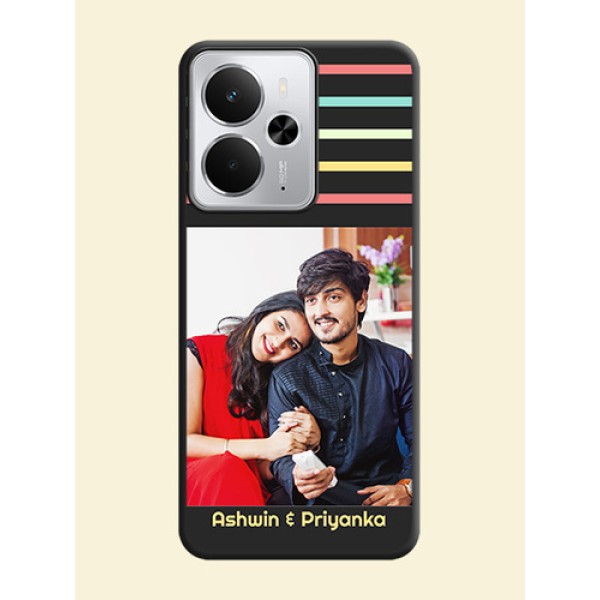 Color Stripes with Photo and Text on Photo On Space Black Custom Soft Matte Mobile Back Cover - Realme 14 5G Color Stripes with Photo and Text on Photo On Space Black Custom Soft Matte Mobile Back Cover - Realme 14 5G