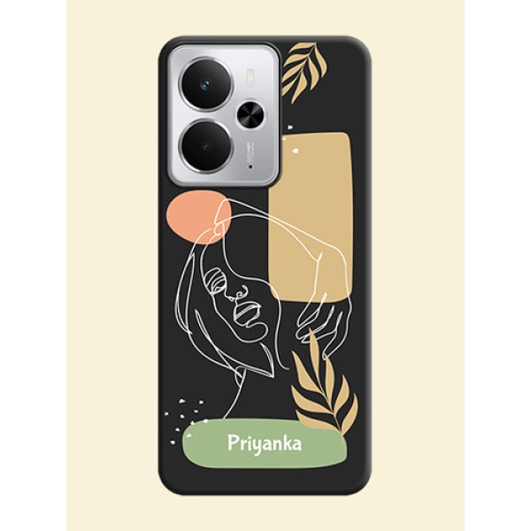 Custom Text With Line Art Of Women & Leaves Design On Space Black Custom Soft Matte Mobile Back Cover - Realme 14 5G Custom Text With Line Art Of Women & Leaves Design On Space Black Custom Soft Matte Mobile Back Cover - Realme 14 5G
