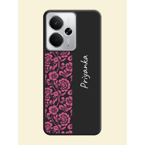 Pink Floral Pattern Design With Custom Text On Space Black Custom Soft Matte Mobile Back Cover - Realme 14 5G Pink Floral Pattern Design With Custom Text On Space Black Custom Soft Matte Mobile Back Cover - Realme 14 5G