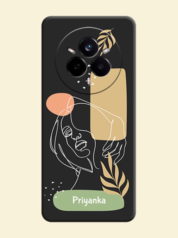 Custom Text With Line Art Of Women & Leaves Design On Space Black Custom Soft Matte Mobile Back Cover - Realme 14 Pro 5G