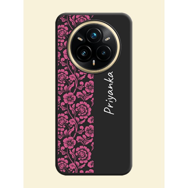 Pink Floral Pattern Design With Custom Text On Space Black Custom Soft Matte Mobile Back Cover - Realme 14 Pro Plus 5G Pink Floral Pattern Design With Custom Text On Space Black Custom Soft Matte Mobile Back Cover - Realme 14 Pro Plus 5G