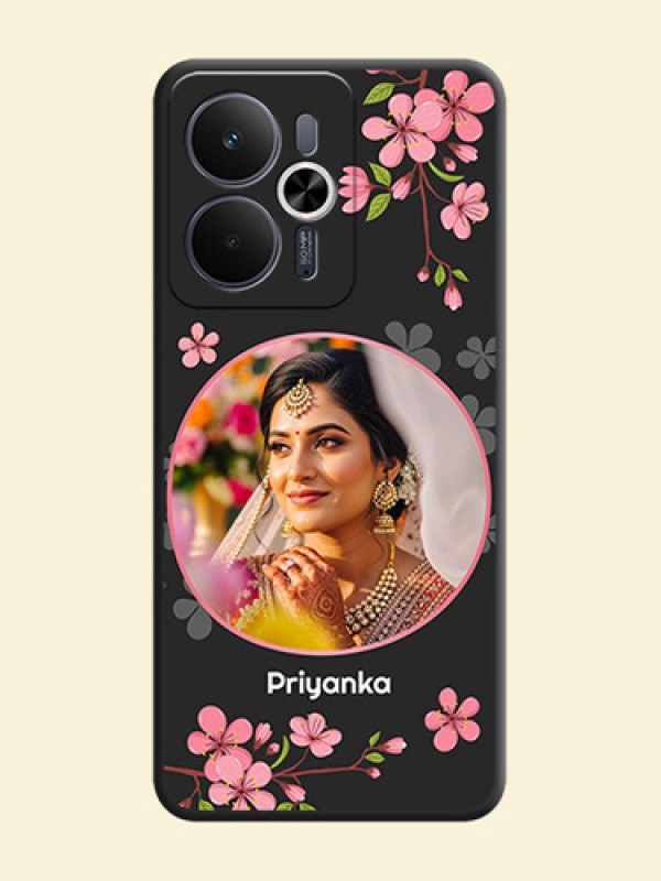 Round Image with Pink Color Floral Design on Photo On Space Black Custom Soft Matte Mobile Back Cover - Realme 14T 5G