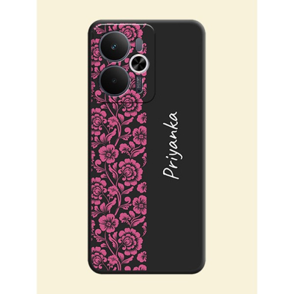 Pink Floral Pattern Design With Custom Text On Space Black Custom Soft Matte Mobile Back Cover - Realme 14T 5G Pink Floral Pattern Design With Custom Text On Space Black Custom Soft Matte Mobile Back Cover - Realme 14T 5G