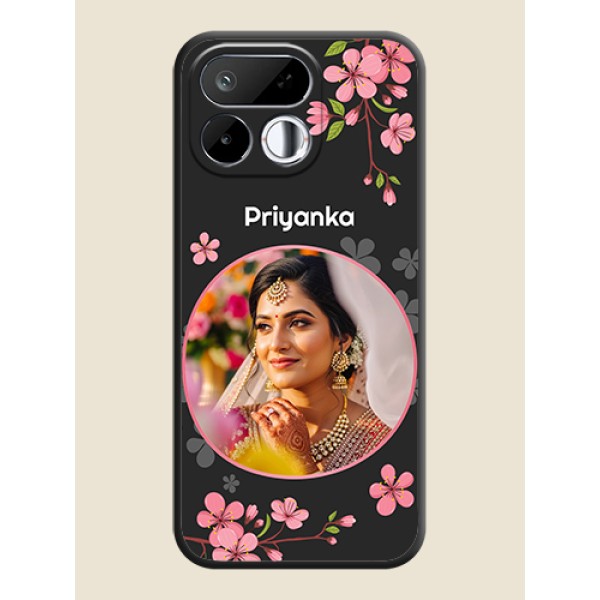 Round Image with Pink Color Floral Design on Photo On Space Black Custom Soft Matte Mobile Back Cover - Realme 16T 5G Round Image with Pink Color Floral Design on Photo On Space Black Custom Soft Matte Mobile Back Cover - Realme 16T 5G