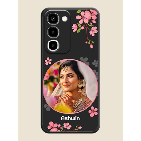 Round Image with Pink Color Floral Design on Photo On Space Black Custom Soft Matte Mobile Back Cover - Realme 16x 5G Round Image with Pink Color Floral Design on Photo On Space Black Custom Soft Matte Mobile Back Cover - Realme 16x 5G