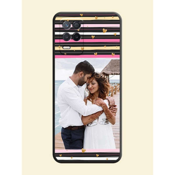 Multicolor Lines and Golden Love Symbols Design on Photo on Space Black Soft Matte Mobile Cover - Realme 8 5G Multicolor Lines and Golden Love Symbols Design on Photo on Space Black Soft Matte Mobile Cover - Realme 8 5G