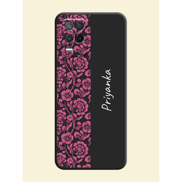 Pink Floral Pattern Design With Custom Text On Space Black Personalized Soft Matte Phone Covers -Realme 8 5G Pink Floral Pattern Design With Custom Text On Space Black Personalized Soft Matte Phone Covers -Realme 8 5G