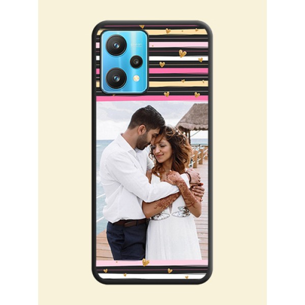 Multicolor Lines and Golden Love Symbols Design on Photo on Space Black Soft Matte Mobile Cover - Realme 9 Pro 5G Multicolor Lines and Golden Love Symbols Design on Photo on Space Black Soft Matte Mobile Cover - Realme 9 Pro 5G