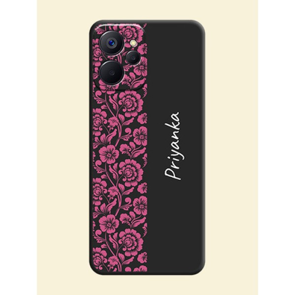 Pink Floral Pattern Design With Custom Text On Space Black Personalized Soft Matte Phone Covers -Realme 9I 5G Pink Floral Pattern Design With Custom Text On Space Black Personalized Soft Matte Phone Covers -Realme 9I 5G