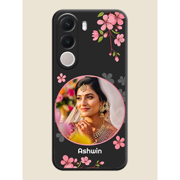 Round Image with Pink Color Floral Design on Photo On Space Black Custom Soft Matte Mobile Back Cover - Realme C100x Round Image with Pink Color Floral Design on Photo On Space Black Custom Soft Matte Mobile Back Cover - Realme C100x