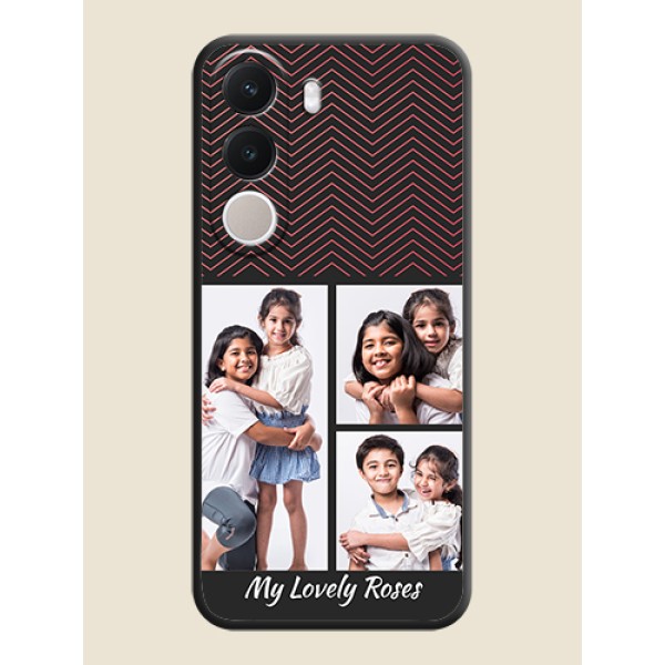 Wave Pattern with 3 Image Holder On Space Black Custom Soft Matte Mobile Back Cover - Realme C100x Wave Pattern with 3 Image Holder On Space Black Custom Soft Matte Mobile Back Cover - Realme C100x